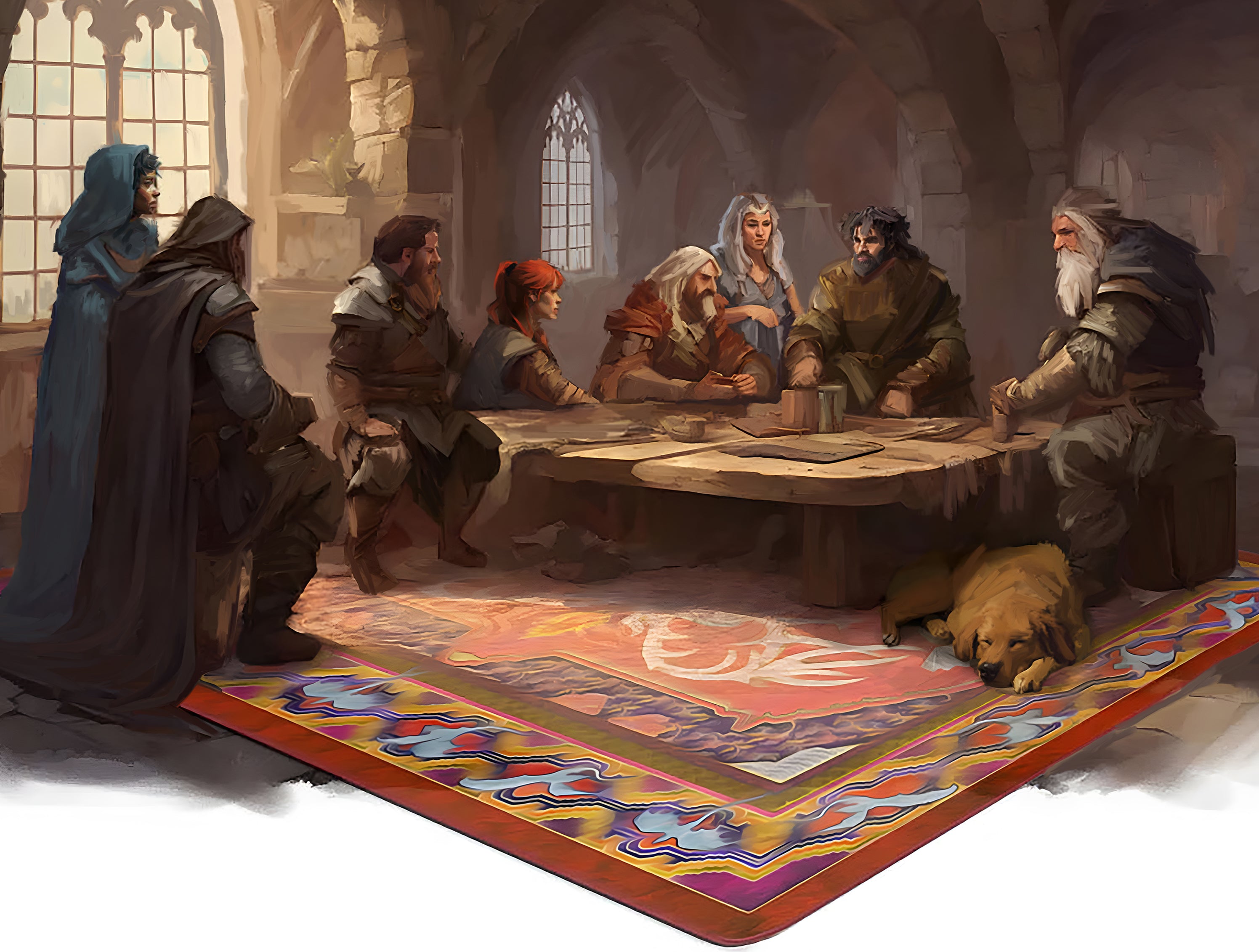 Group of adventurers sitting around a table on an Area of Effect rug planning how they're going to save the world.