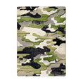 Load image into Gallery viewer, Flat lay of Ambush Zone in Green, a camo-themed rectangular area rug in olive, khaki, and black—designed for gaming rooms and bold interiors