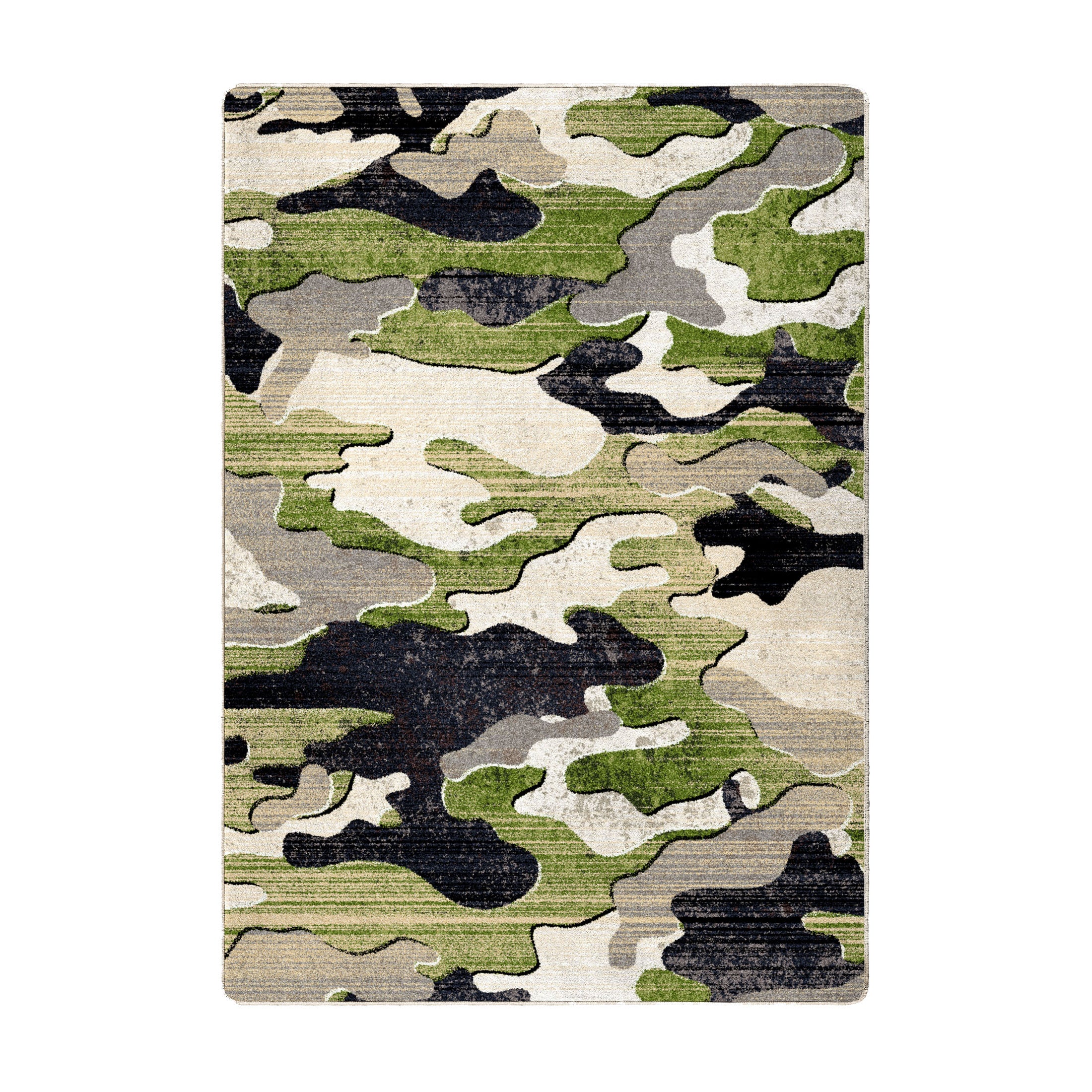 Flat lay of Ambush Zone in Green, a camo-themed rectangular area rug in olive, khaki, and black—designed for gaming rooms and bold interiors
