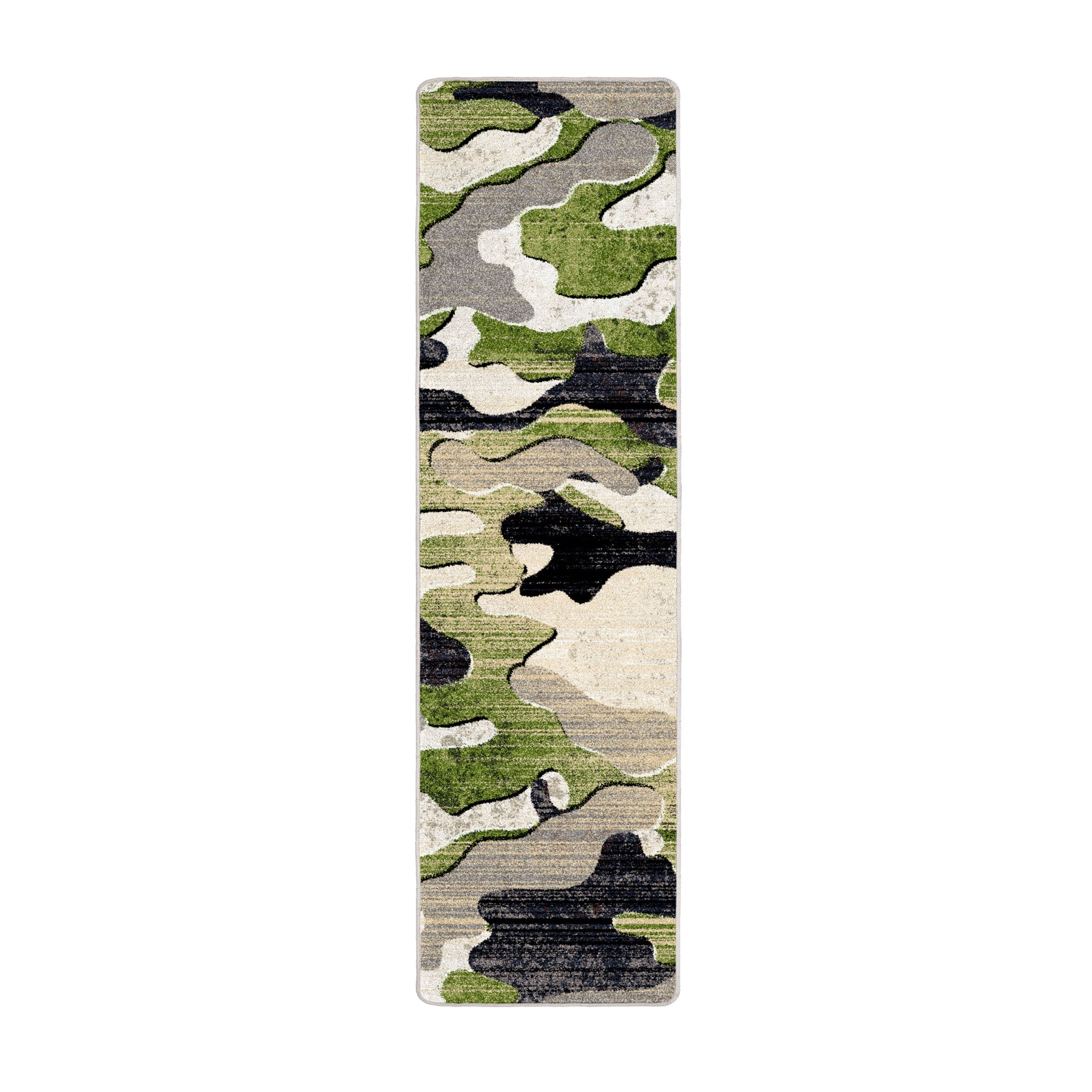 Ambush Zone in Green camo runner rug with distressed green and tan pattern—perfect for hallways, dorm setups, or under-desk coverage