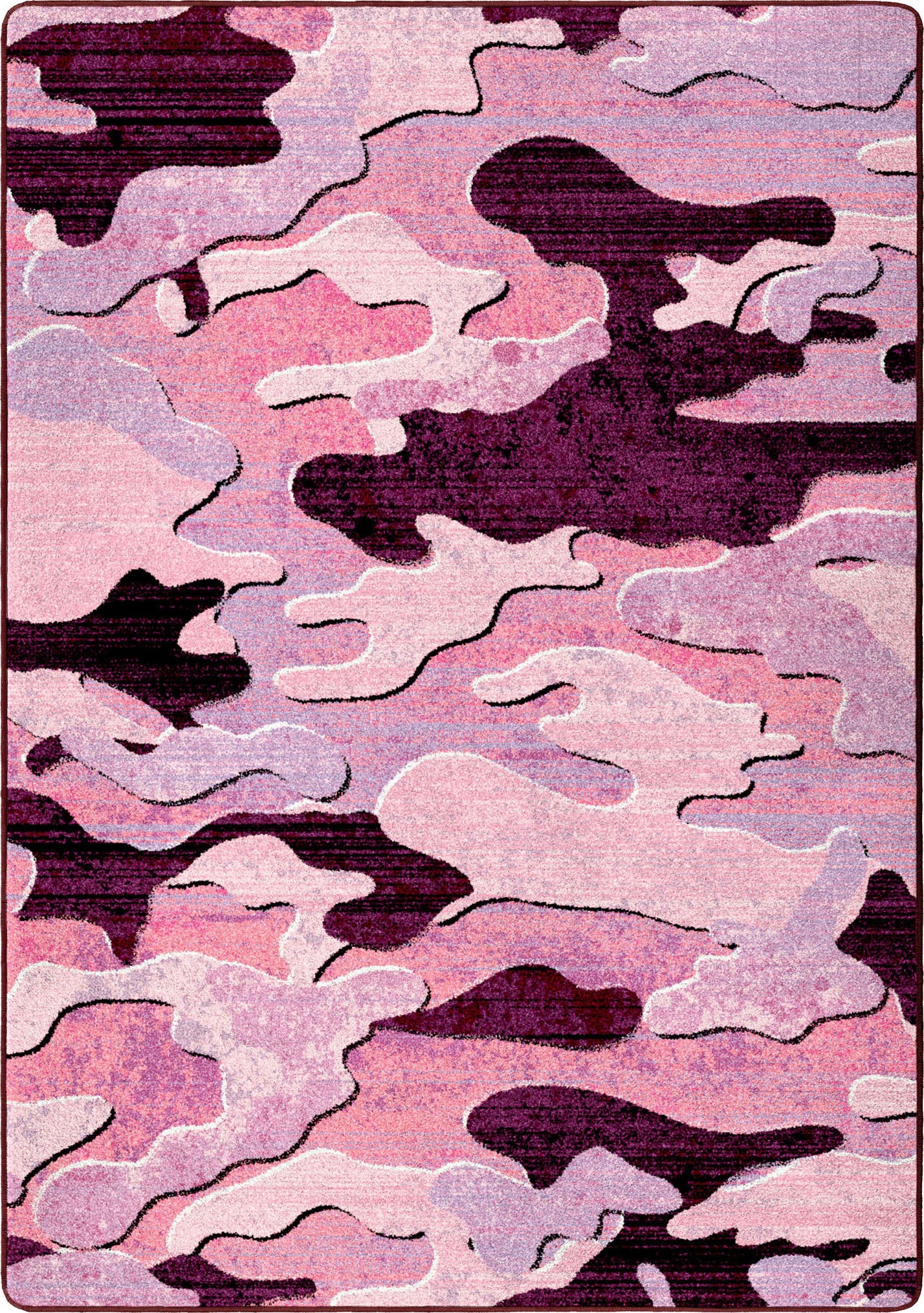 Pink and purple camouflage pattern on a rectangular rug.