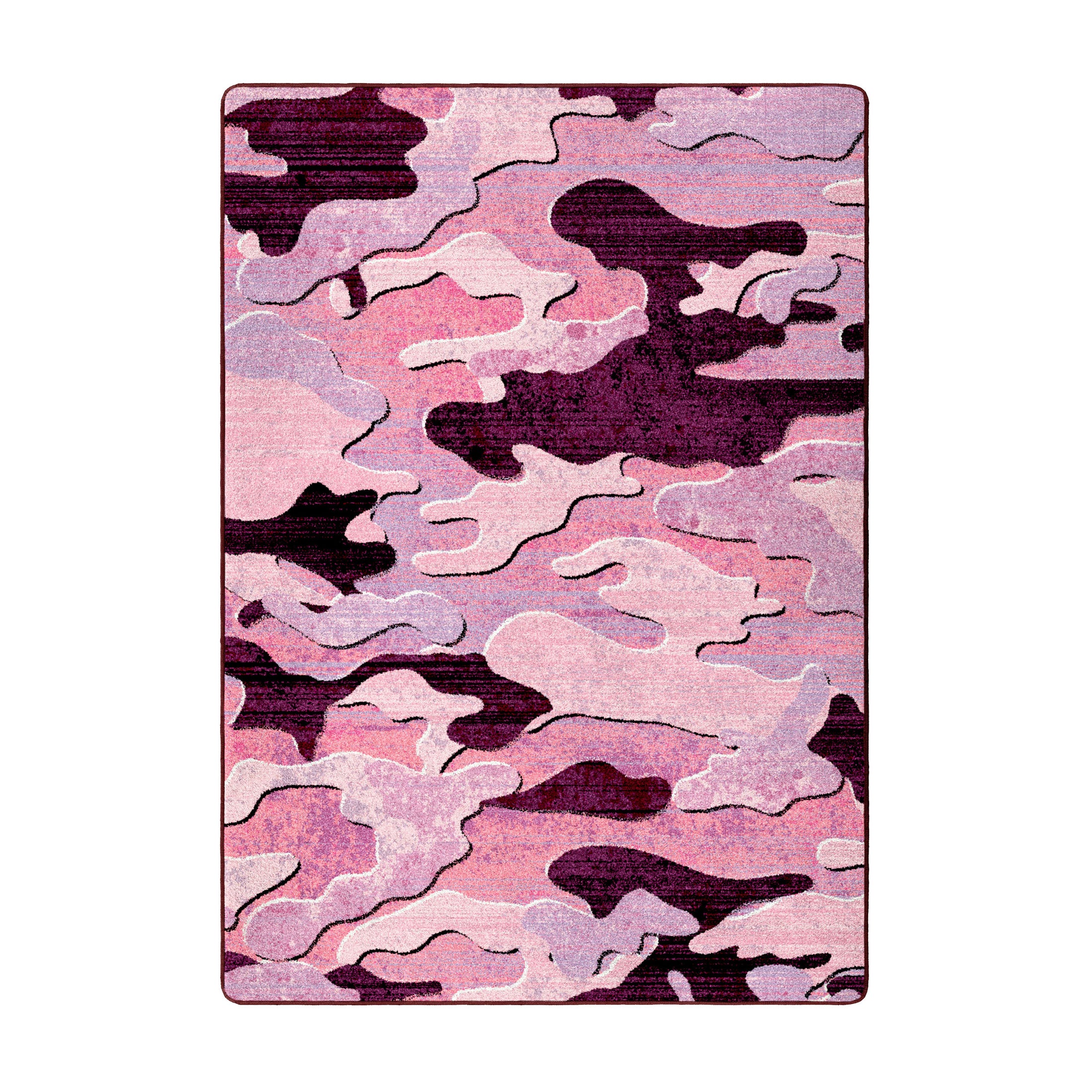 Flat lay of Ambush Zone in Pink, a rectangular camo-style rug with distressed pink, blush, and burgundy pattern—ideal for game rooms