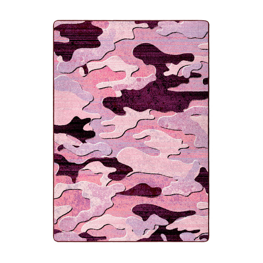 Flat lay of Ambush Zone in Pink, a rectangular camo-style rug with distressed pink, blush, and burgundy pattern—ideal for game rooms