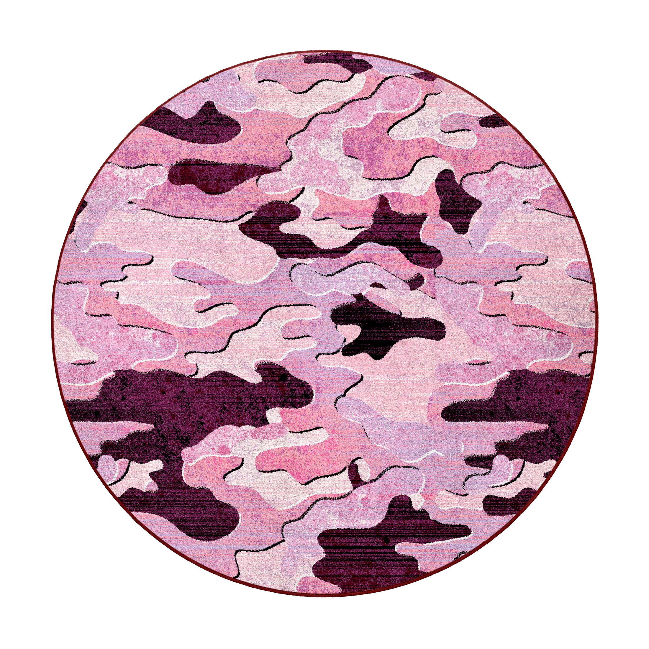 Round version of Ambush Zone in Pink, a distressed camo rug in blush, magenta, and violet tones—perfect for bold gamer rooms