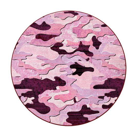 Round version of Ambush Zone in Pink, a distressed camo rug in blush, magenta, and violet tones—perfect for bold gamer rooms