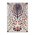 Load image into Gallery viewer, The Arctic Owlbear Rug in 5x8 size, featuring a symmetrical winged feather pattern in snowy cream, brown, and black tones, inspired by fantasy beasts and tundra creatures