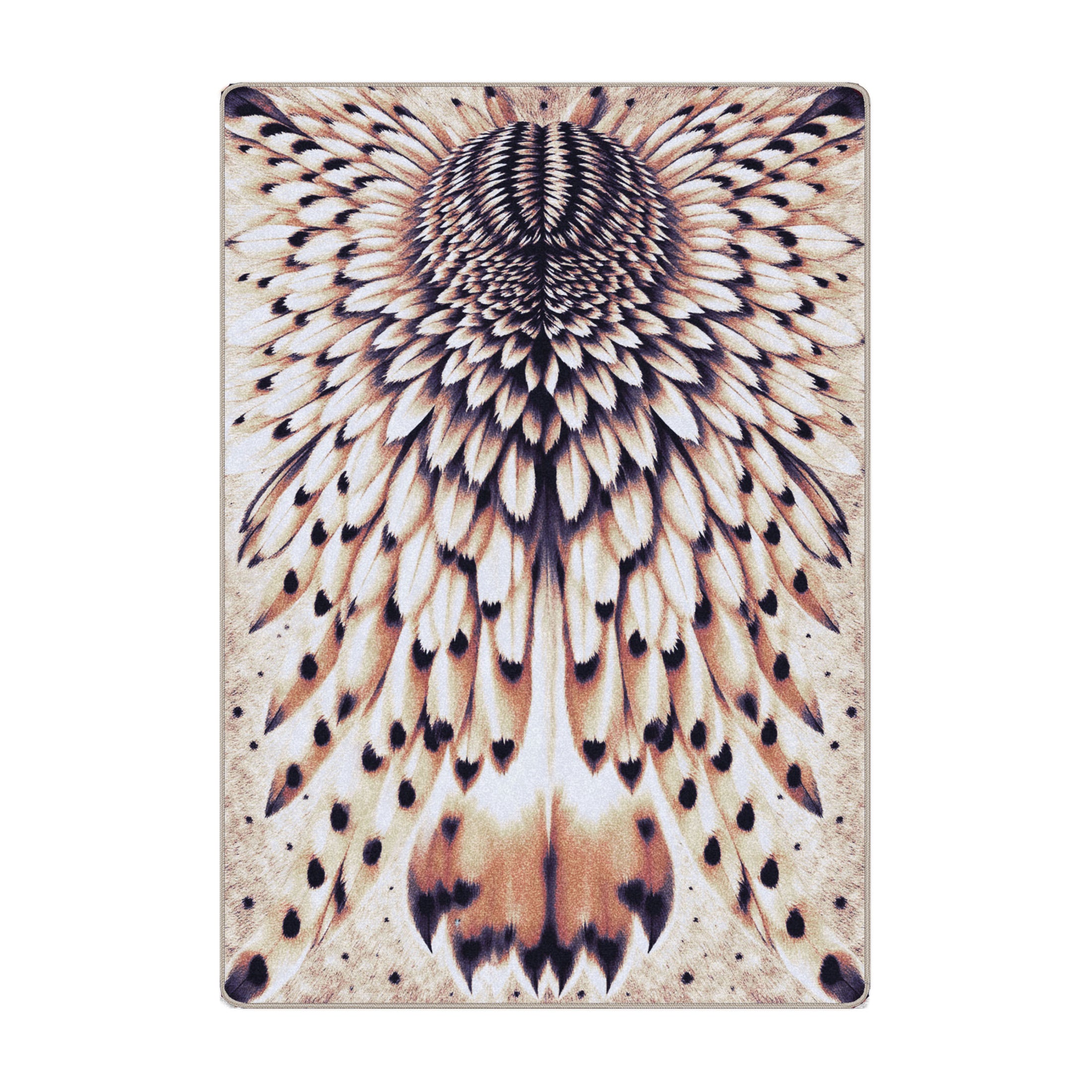 The Arctic Owlbear Rug in 5x8 size, featuring a symmetrical winged feather pattern in snowy cream, brown, and black tones, inspired by fantasy beasts and tundra creatures