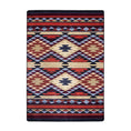 Load image into Gallery viewer, 5x8 area rug with a bold tribal diamond and stripe pattern in rust, gold, and navy tones, inspired by forgotten ridgelines and wandering adventurers