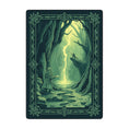 Load image into Gallery viewer, Green fantasy game room rug depicting a wizard and warrior facing off in an enchanted forest with magical lightning between them