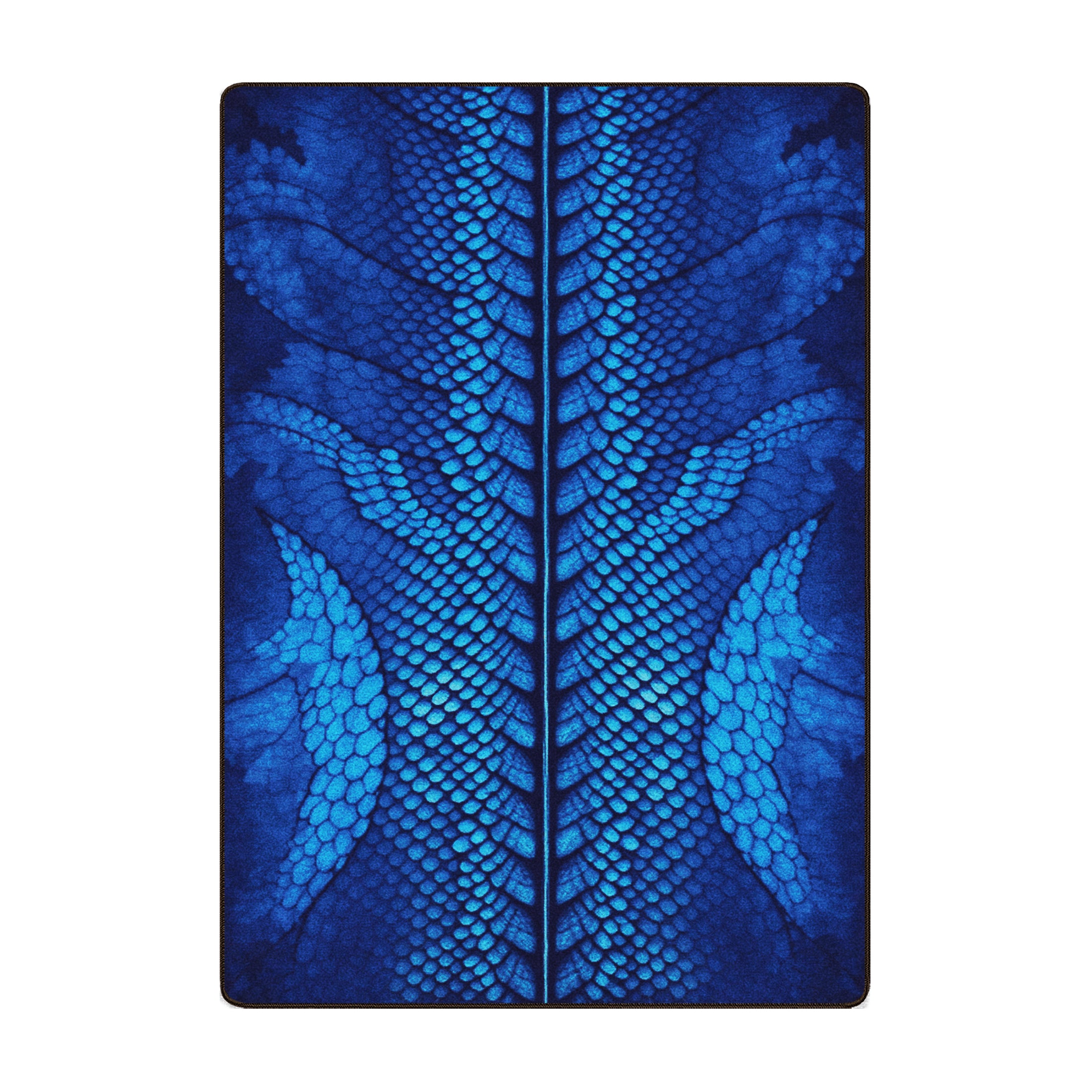The Blue Dragon Hide Rug in 5x8 size featuring a vivid electric blue scale design with a central dragon spine motif
