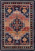 Load image into Gallery viewer, Decorative rug with geometric pattern in red, blue, and orange on a black background