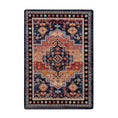 Load image into Gallery viewer, 5x8 area rug featuring a split medallion and geometric border in crimson, navy, and gold, inspired by fallen banners and reclaimed traditions