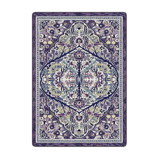 5x8 area rug with a symmetrical floral design in lilac, violet, sage, and cream tones, inspired by natural magic and celestial balance