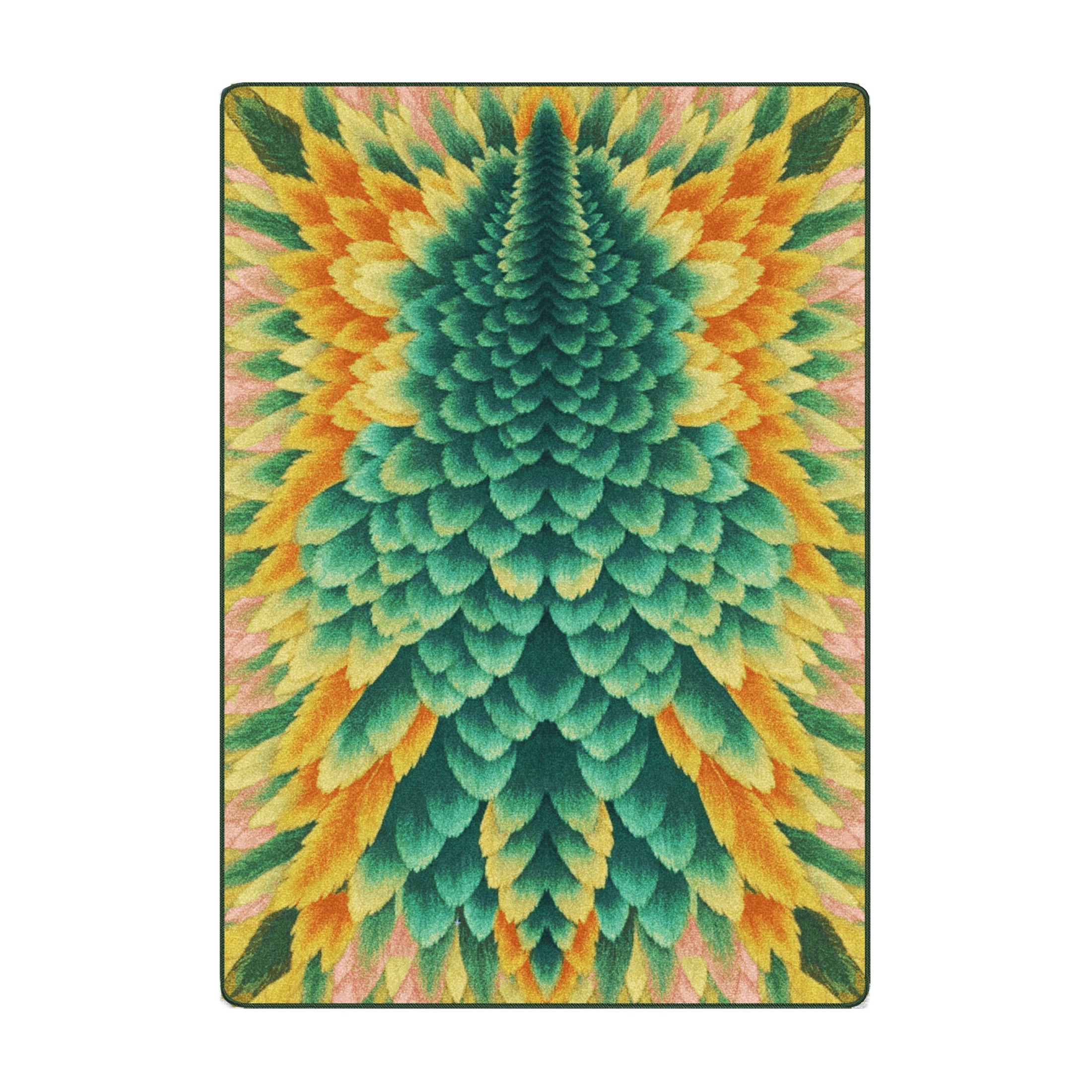 The Couatl Hide Rug in 5x8 size with vibrant feathered pattern in emerald, gold, and pink, inspired by celestial serpents
