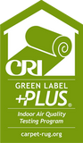 CRI Green Label Plus certification badge for rugs, ensuring low emissions and improved indoor air quality.