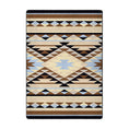 Load image into Gallery viewer, 5x8 area rug featuring a soft tribal diamond and stripe pattern in sand, light blue, and stone tones, inspired by ancient desert pathways and sky signs