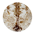 Load image into Gallery viewer, Round Dire Aurochs hide rug with brindle texture, designed to ground the center of a cozy game room