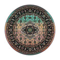 Load image into Gallery viewer, 8x8 round version of The Dreamcrafter’s Medallion rug featuring a symmetrical medallion design and a radiant gradient fade from plum to jade