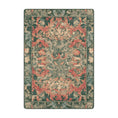 Load image into Gallery viewer, 5x8 area rug with a faded symmetrical foliage pattern in soft green, coral, and parchment tones, inspired by springtime in an ancient forest
