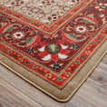 Load image into Gallery viewer, Close-up of The Flamekeeper’s Medallion rug corner showing fine floral border and rich red background