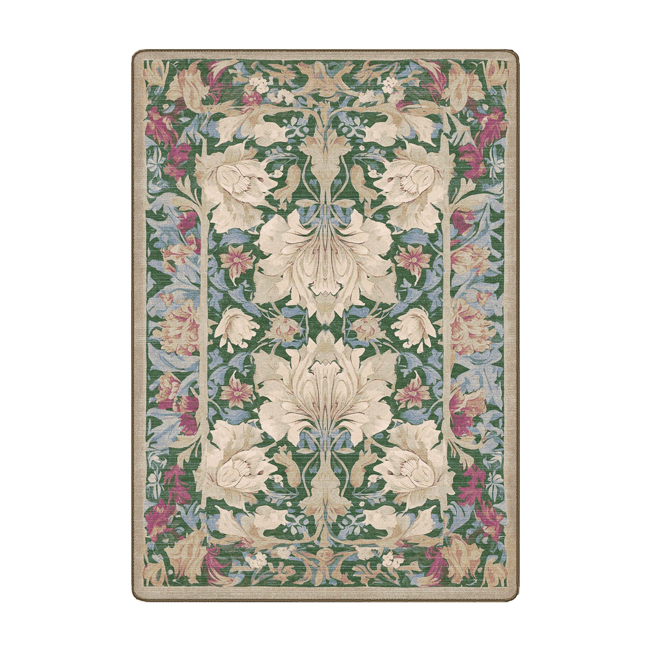 5x8 area rug with a symmetrical vintage floral pattern in green, cream, and plum, inspired by fairytale libraries and botanical elegance
