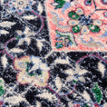 Load image into Gallery viewer, Close-up of The Floromancer’s Medallion rug texture in EnduraStran nylon yarn, highlighting pink-on-black floral pattern