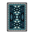 Load image into Gallery viewer, 5x8 area rug with bold symmetrical geometric pattern in black, teal, ivory, and gold, inspired by oceanic forces and magical runes