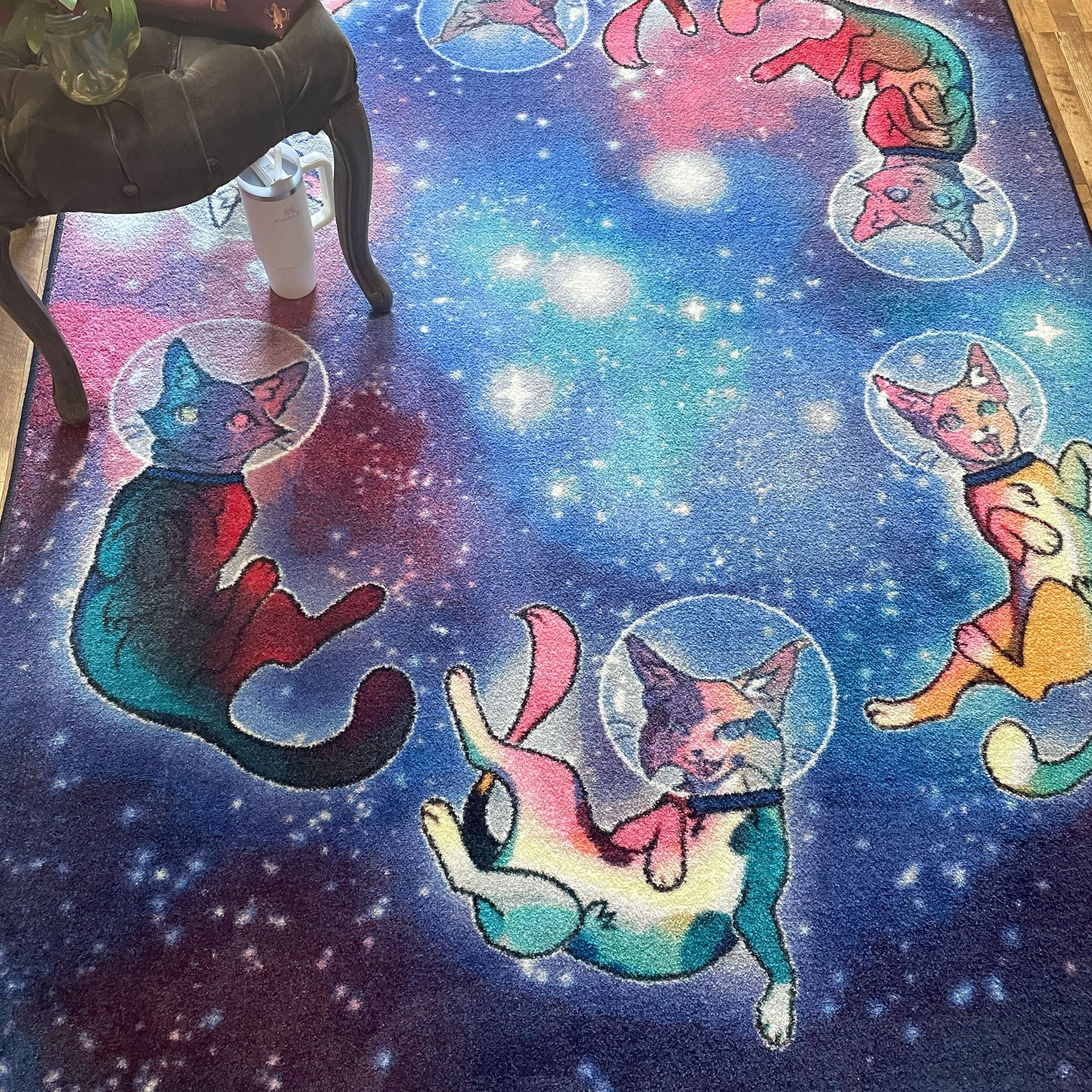 Galacticat Rug in a cozy game room with floating space cats and a galaxy background—perfect for streamers or fantasy decor lovers