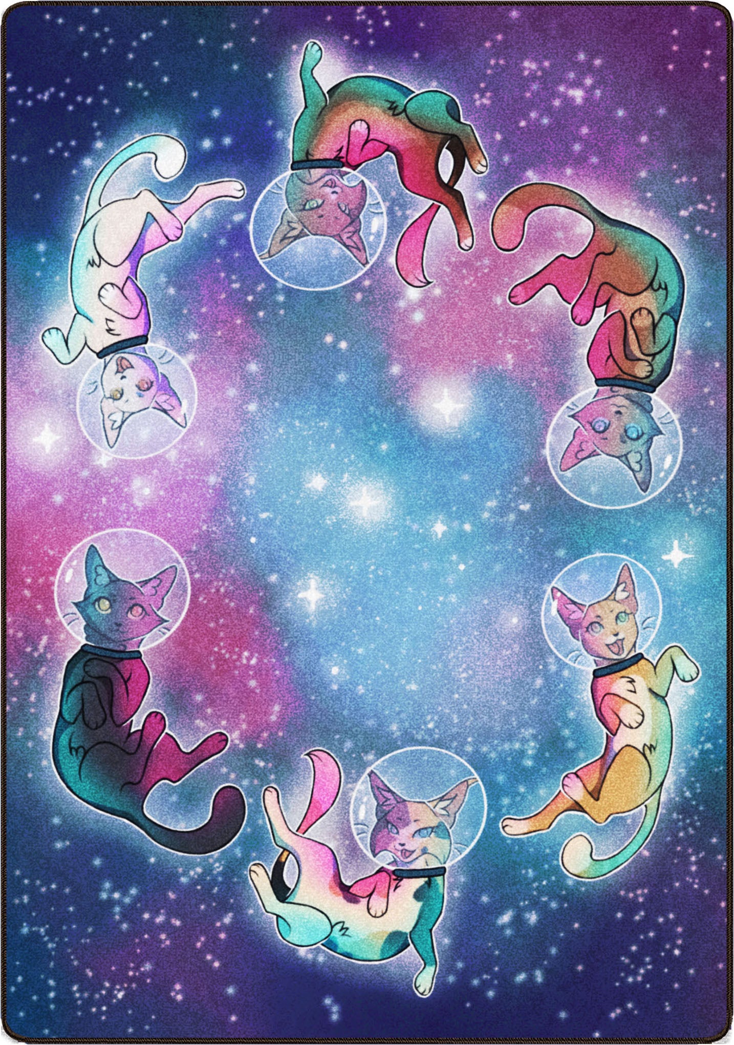 Colorful cat illustrations in space-themed bubbles on a starry background