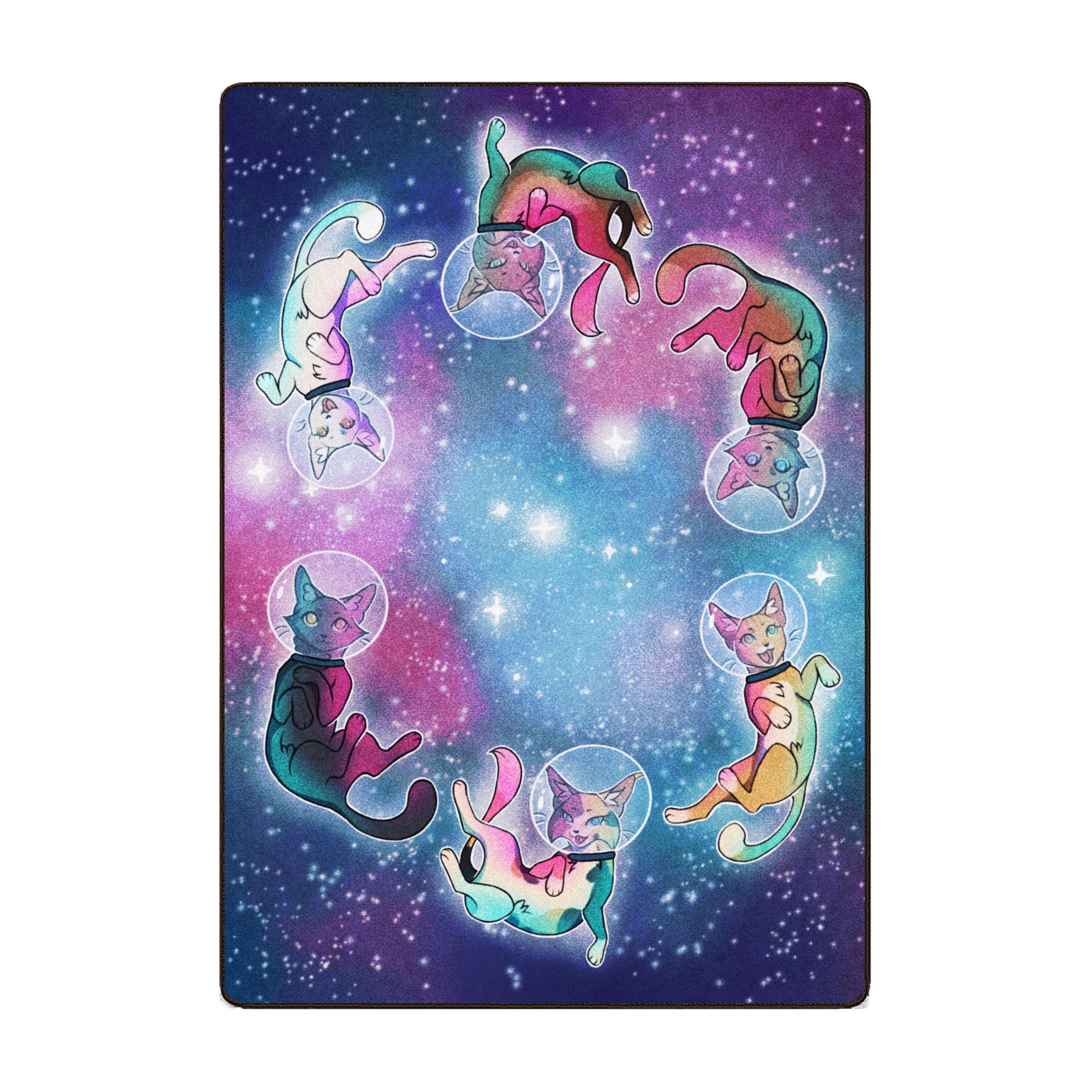 Full view of the Galacticat Rug with rainbow space cats in orbit—ideal for game rooms, stream setups, or nerdy decor