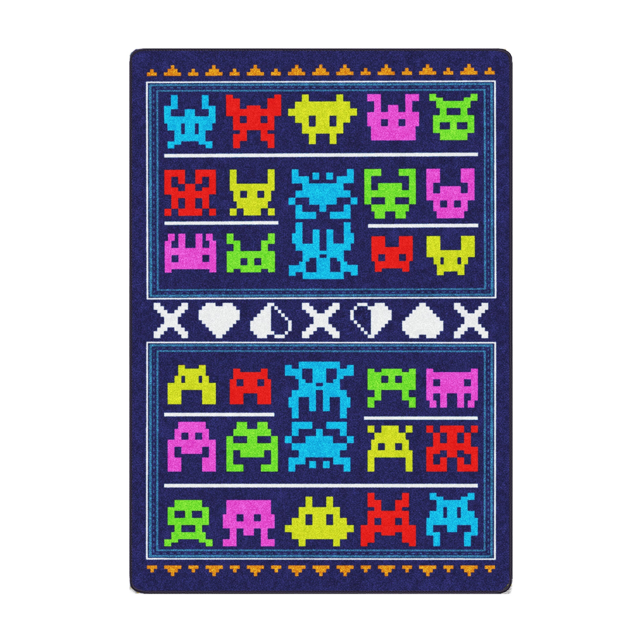 Game On Rug in 5x8 featuring colorful pixel monsters and retro arcade symbols on a deep blue background