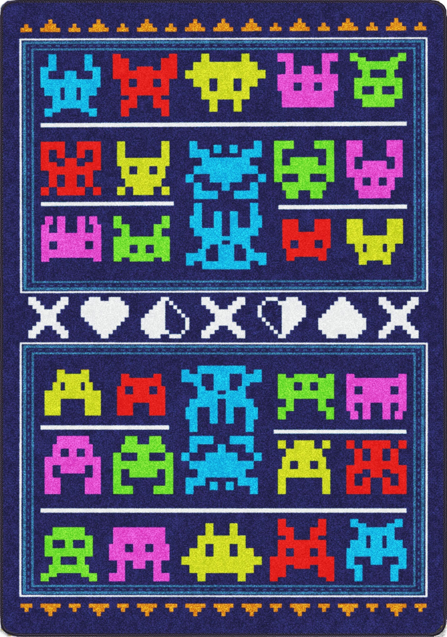 Colorful pixelated character design on a blue background rug for gaming bedroom streaming stations retro arcade man caves