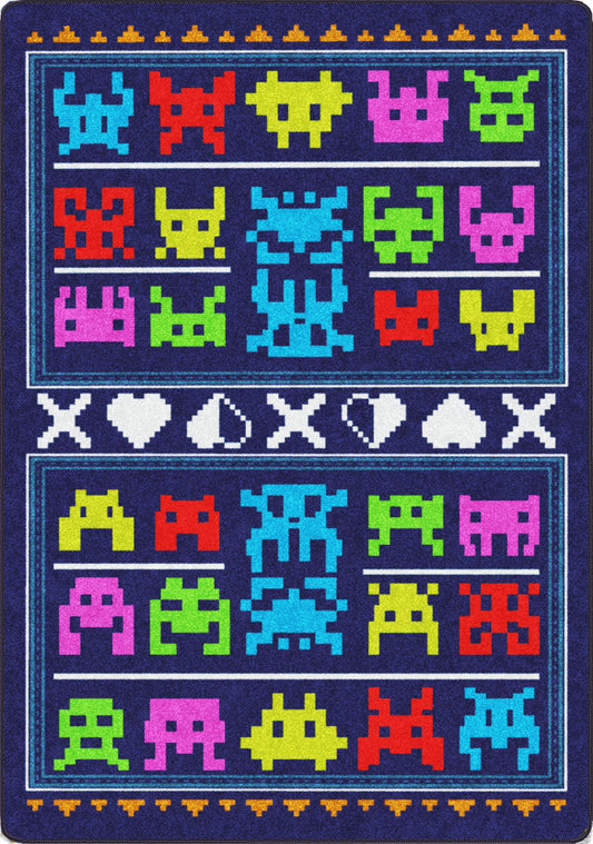 Colorful pixelated character design on a blue background rug for gaming bedroom streaming stations retro arcade man caves