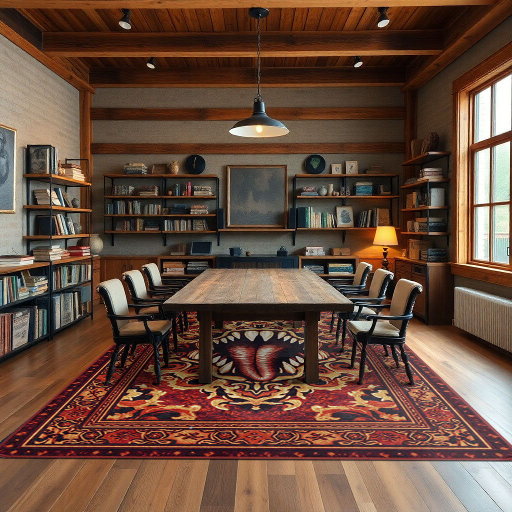 an well designed game room with giant gaming table with a mimic rug underneath