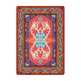 Load image into Gallery viewer, 5x8 Glass Elk area rug with mirrored ivory antlers, vivid flame-red background, and sapphire stone motifs, inspired by mythical beasts and fantasy ceremonial banners