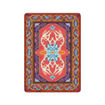 Load image into Gallery viewer, 4x5 Glass Elk rug featuring vibrant flame-red tones, blue gem accents, and antlered creature motif surrounded by wyverns