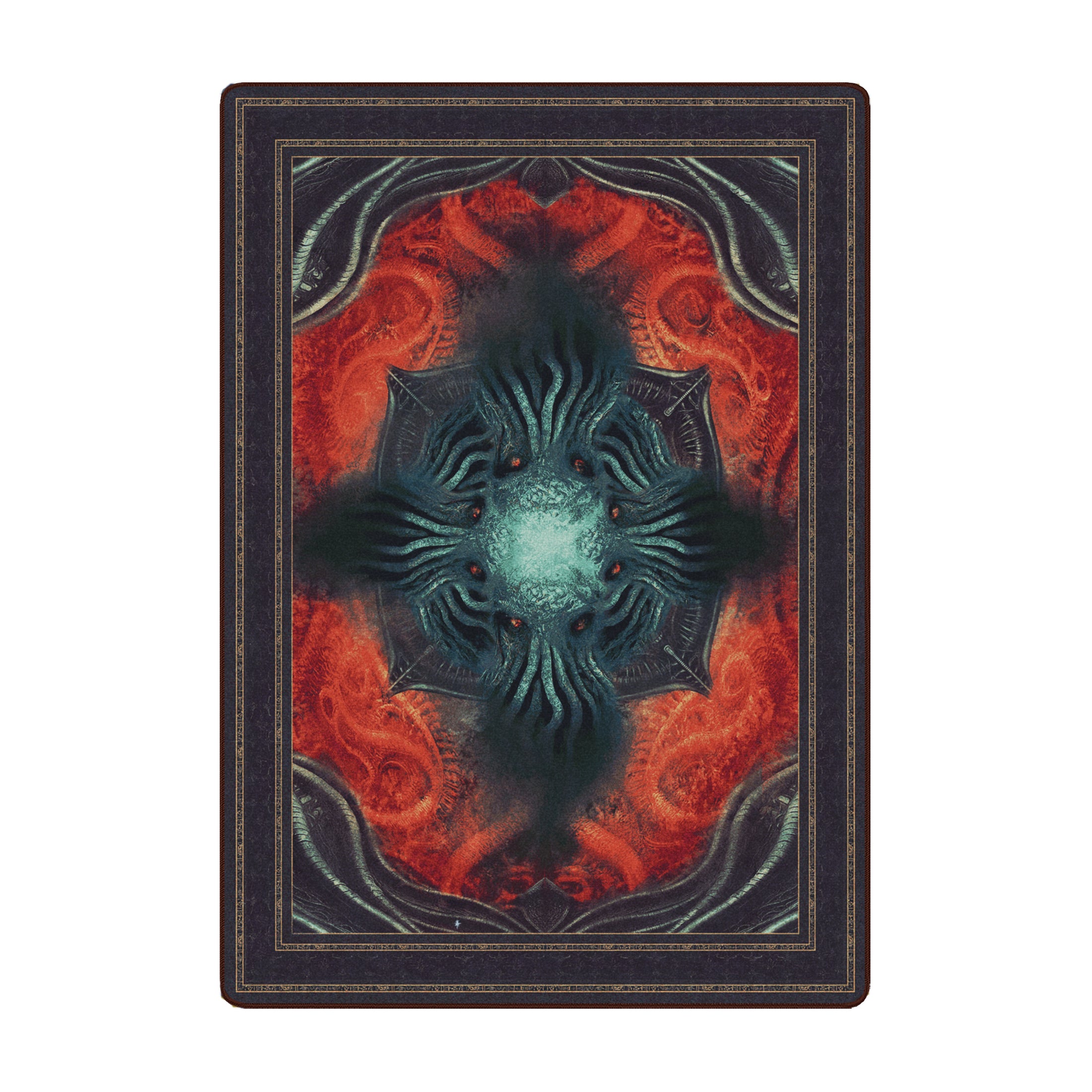 5x8 Great Old One Rug for game room featuring an eldritch creature with teal tendrils and red eyes, set against a swirling red and black abyssal backdrop