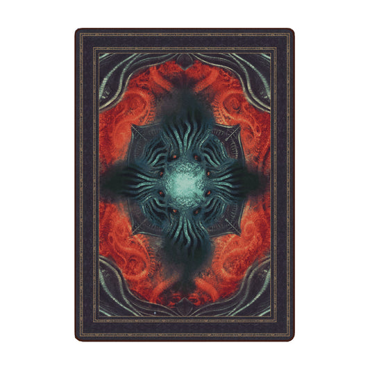 5x8 Great Old One Rug for game room featuring an eldritch creature with teal tendrils and red eyes, set against a swirling red and black abyssal backdrop