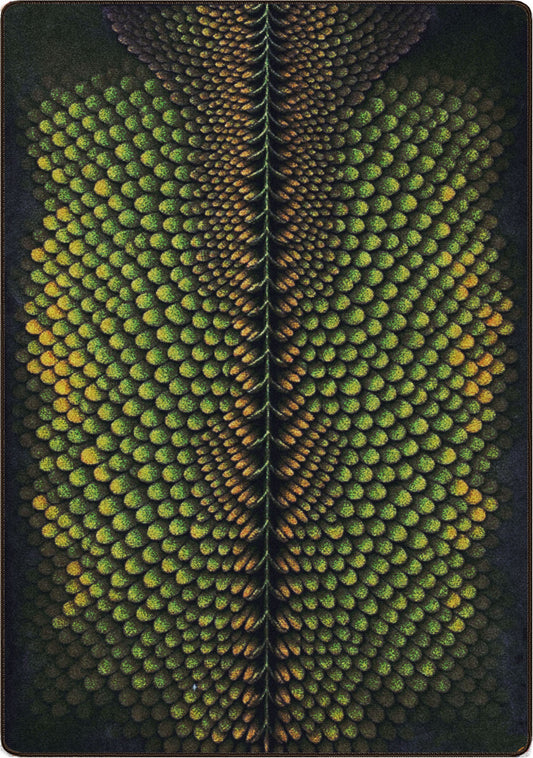 Close-up of a dragon scale rug with a detailed pattern on a dark background for gaming spaces, gaming bedrooms, booknook, fantasy spaces booktok, ttrps homes