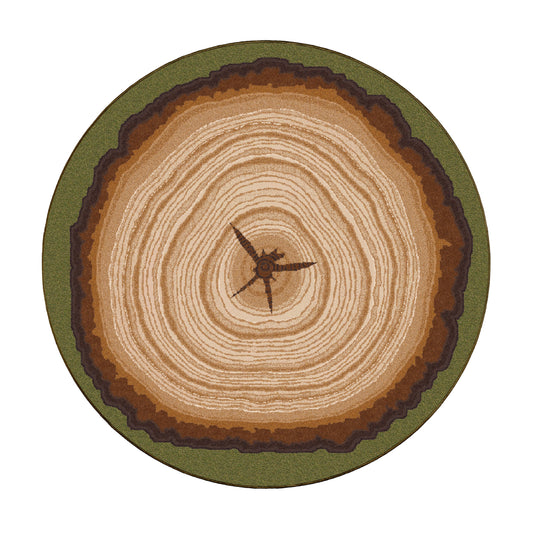 Round rug with a realistic tree stump design and growth ring pattern in warm earth tones. Ideal for nature-themed and druid interiors or rustic game rooms.