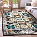 Load image into Gallery viewer, Butterfly-themed area rug styled in a sunlit living room—suitable for game rooms, bookish interiors, and nature-inspired creative spaces.