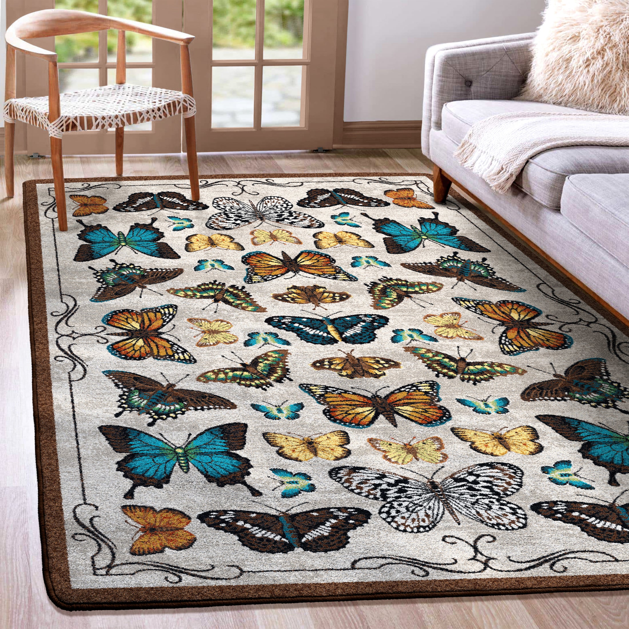 Butterfly-themed area rug styled in a sunlit living room—suitable for game rooms, bookish interiors, and nature-inspired creative spaces.