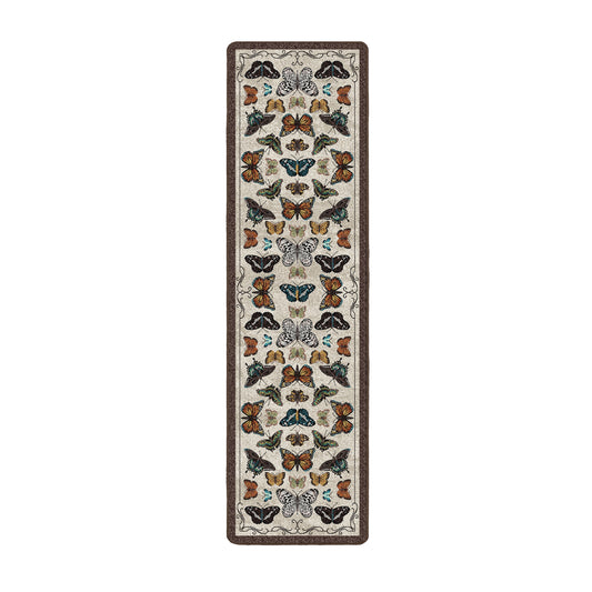 Runner-style butterfly rug with vintage entomology pattern—ideal for narrow hallways, creative spaces, or eclectic game rooms.