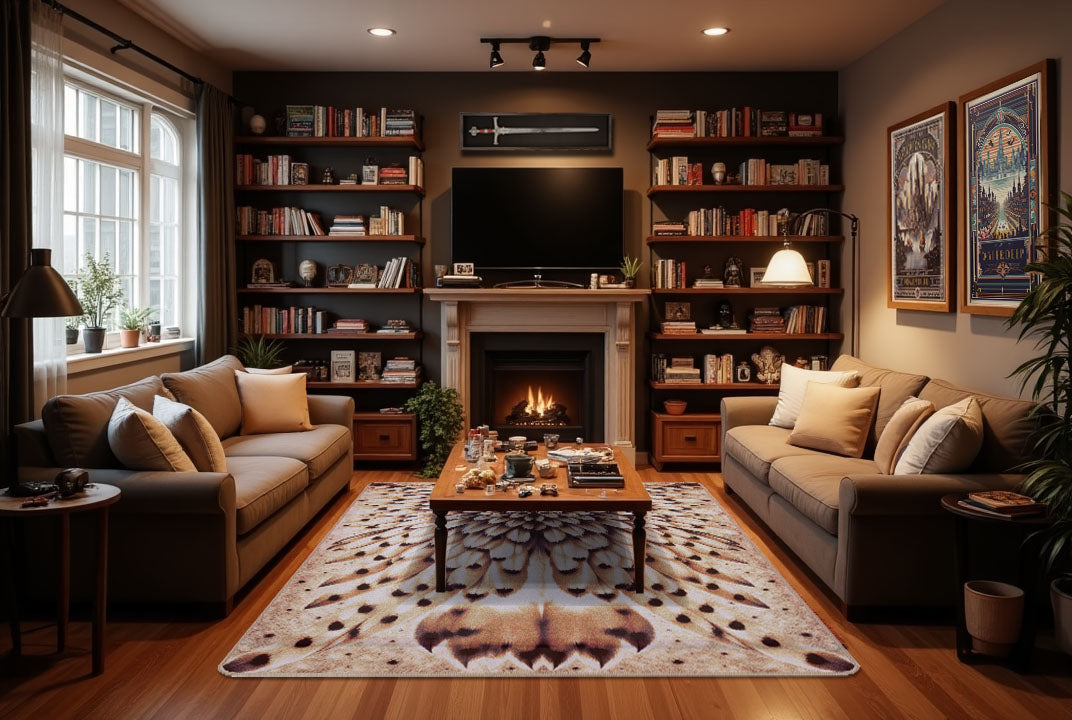 Modern fantasy-themed living room featuring the Arctic Owlbear game room rug as a striking centerpiece under coffee table in front of a cozy fireplace