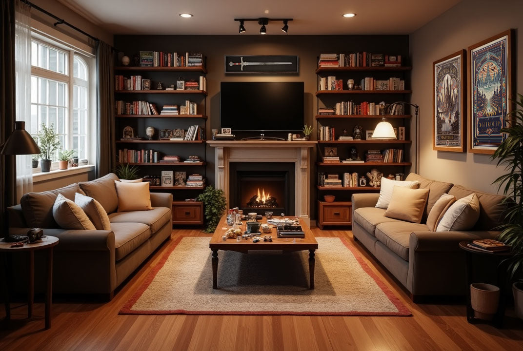 cozy living room with neutral decor and plain rug, shown before transformation with the Arctic Owlbear fantasy game room rug