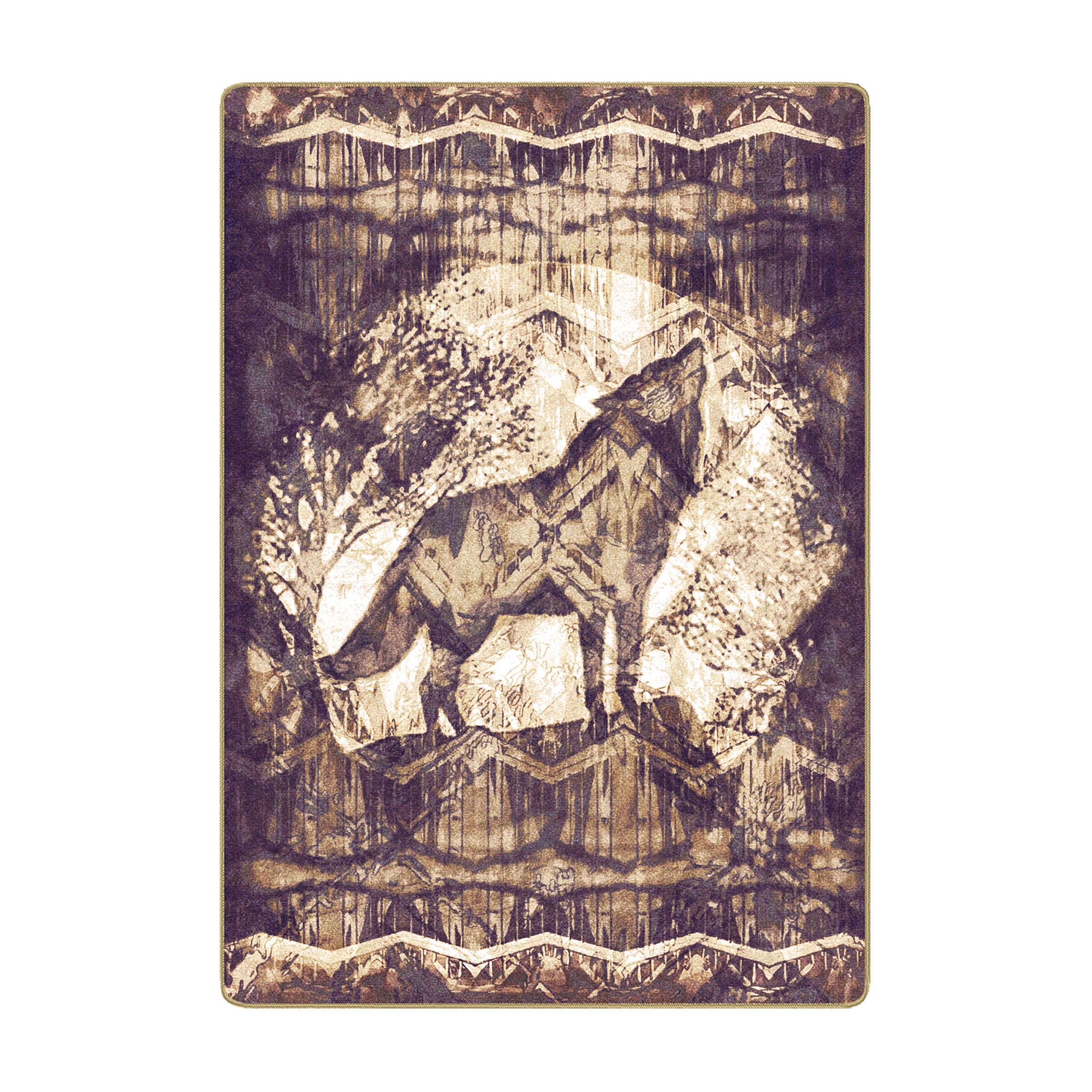 5x8 area rug featuring a lone wolf howling at the moon in a sepia-toned forest with layered textures and mystical atmosphere