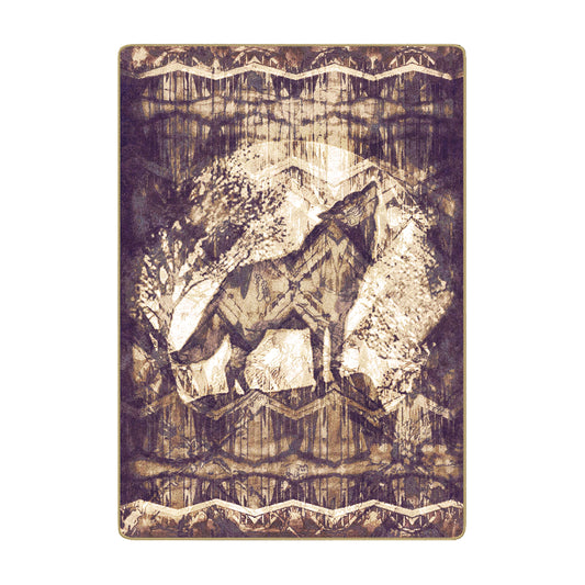 5x8 area rug featuring a lone wolf howling at the moon in a sepia-toned forest with layered textures and mystical atmosphere
