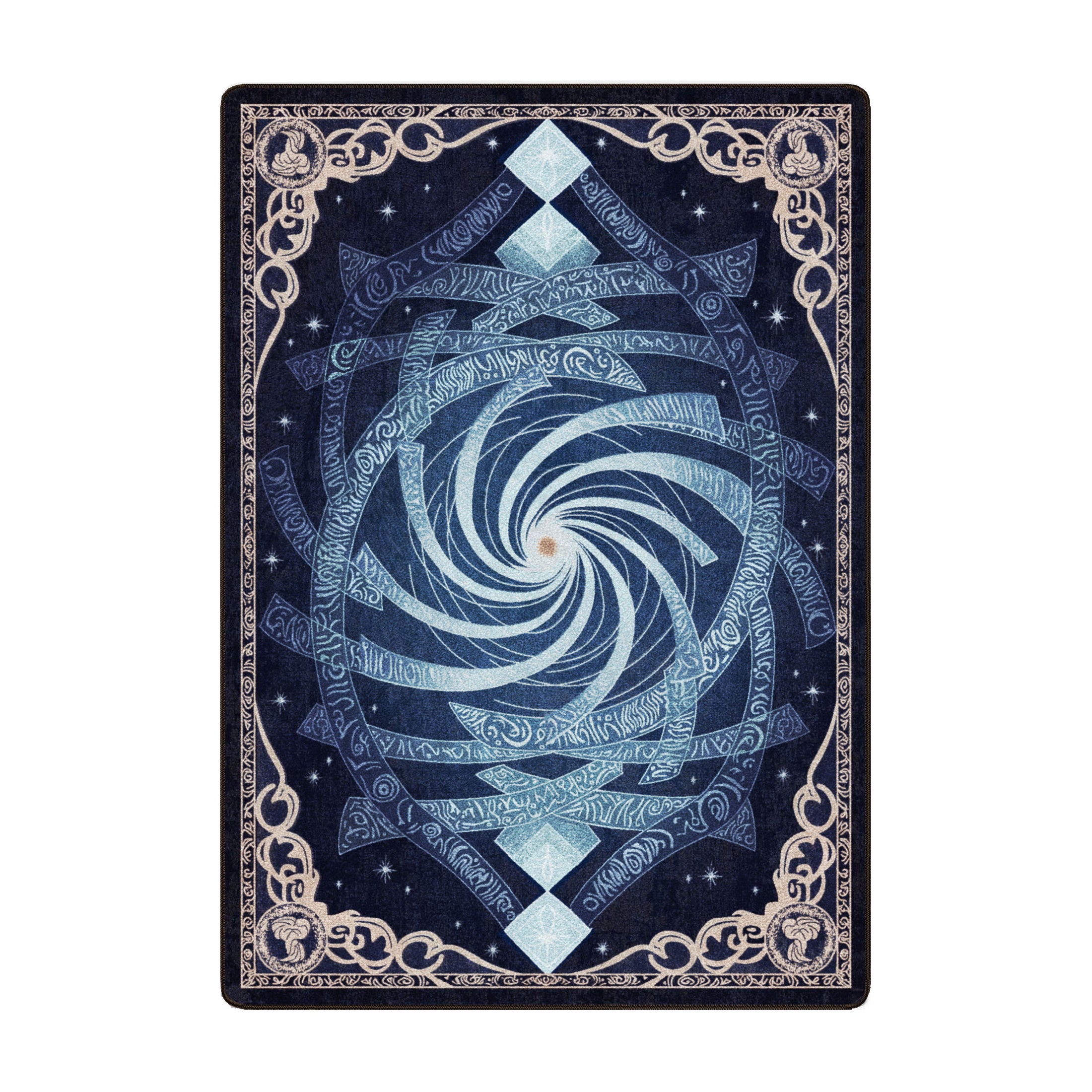 Maw of the Void game room rug in 5x8 featuring spiral vortex of arcane symbols and celestial design