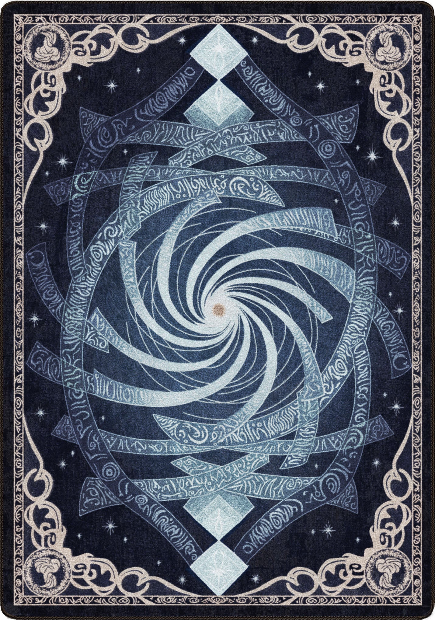 Decorative card with a central spiral design and intricate border on a dark background