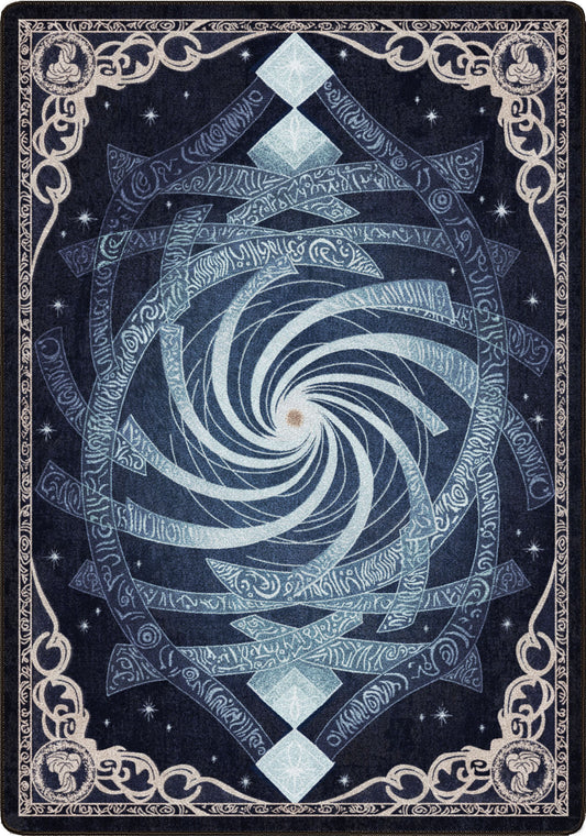 Decorative card with a central spiral design and intricate border on a dark background